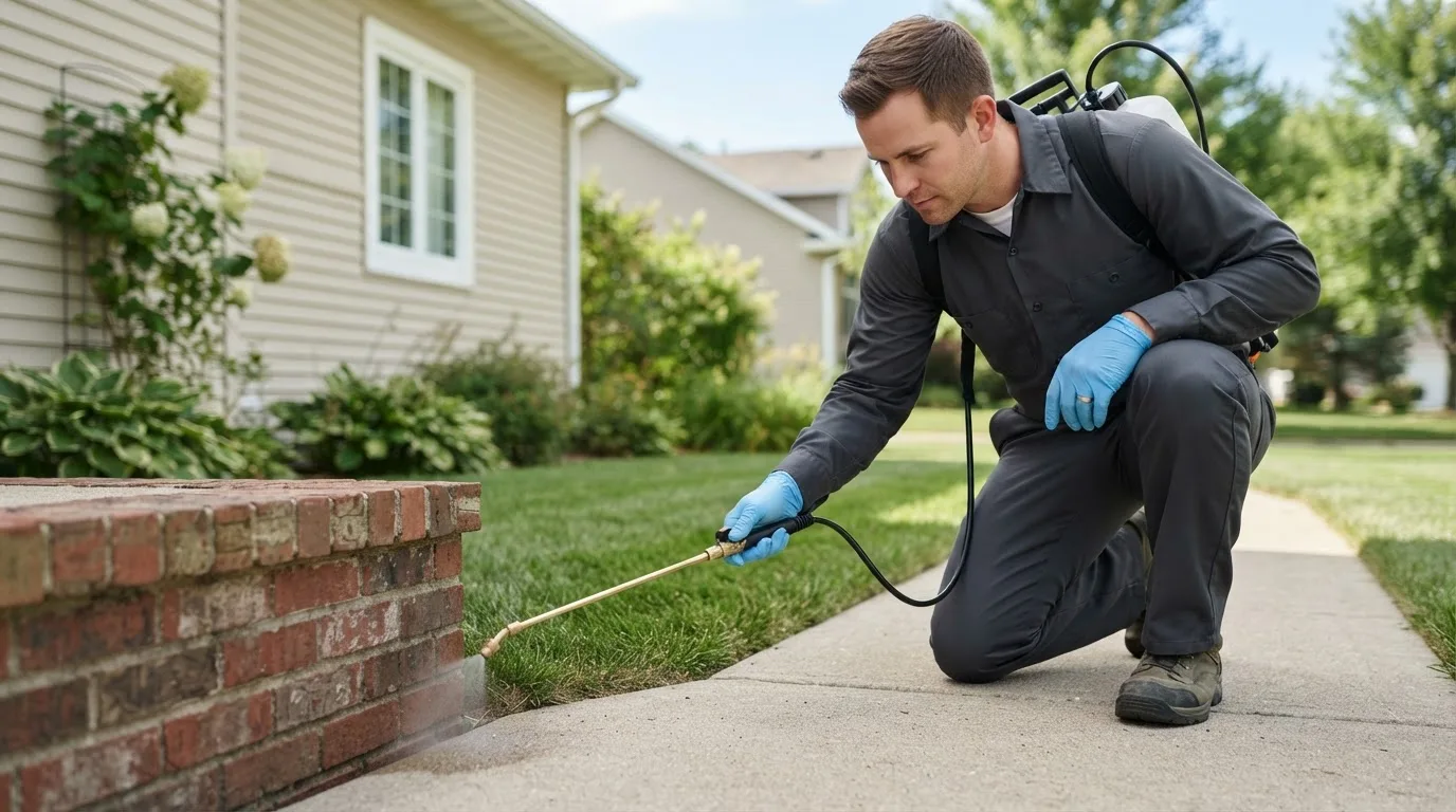 Pest control technician treating a home near Vanderbilt, PA