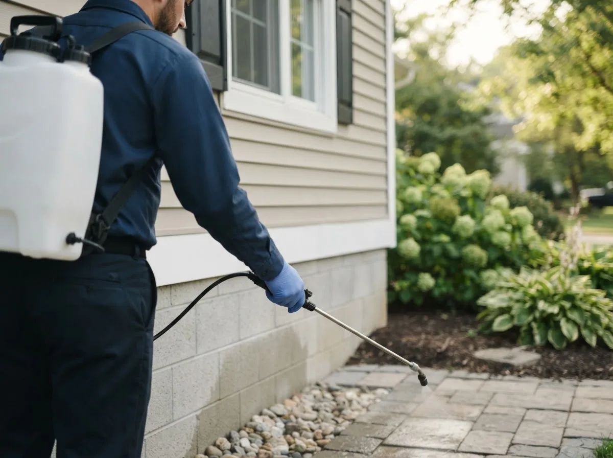 Pest control technician inspecting a home in Vanderbilt, PA